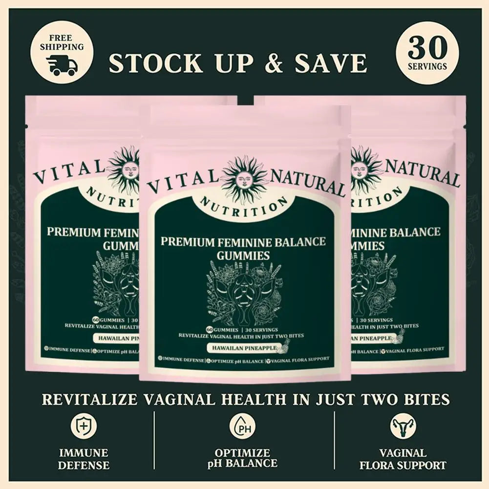 Three packs of Vital Natural Nutrition Premium Feminine Balance Gummies on a promotional banner with text about health benefits.