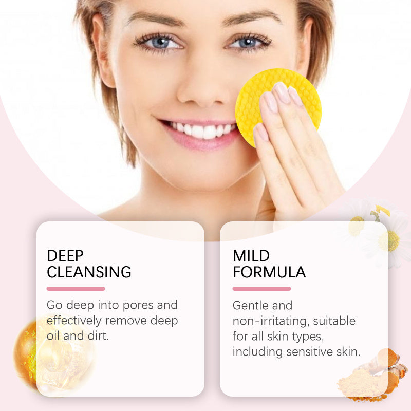 Woman applying kojic acid turmeric cleansing pad to face for glowing skin and dark spot removal