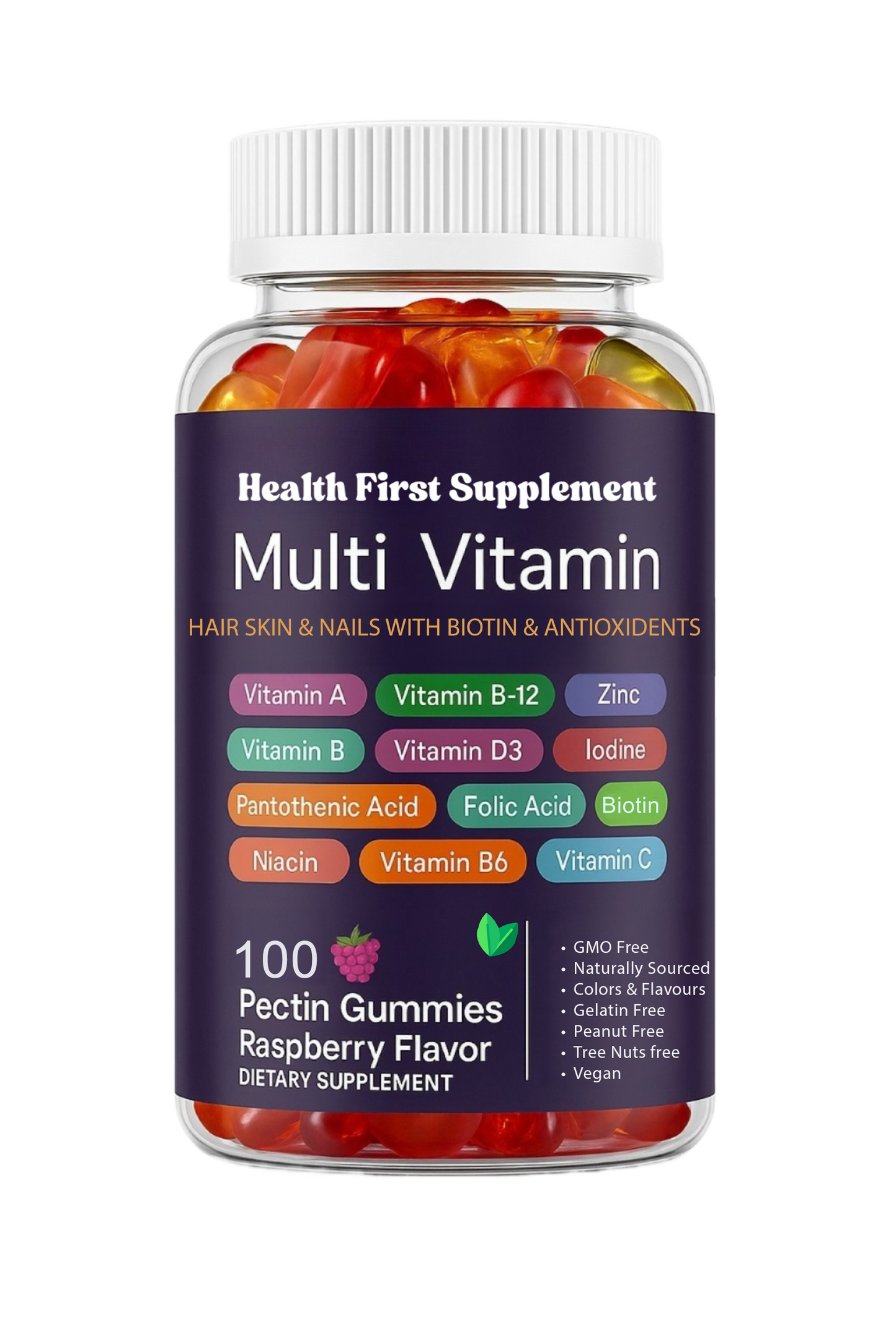 PowerGummies+ Multivitamin by Health First – 100 raspberry flavored pectin gummies with biotin and antioxidants for daily support