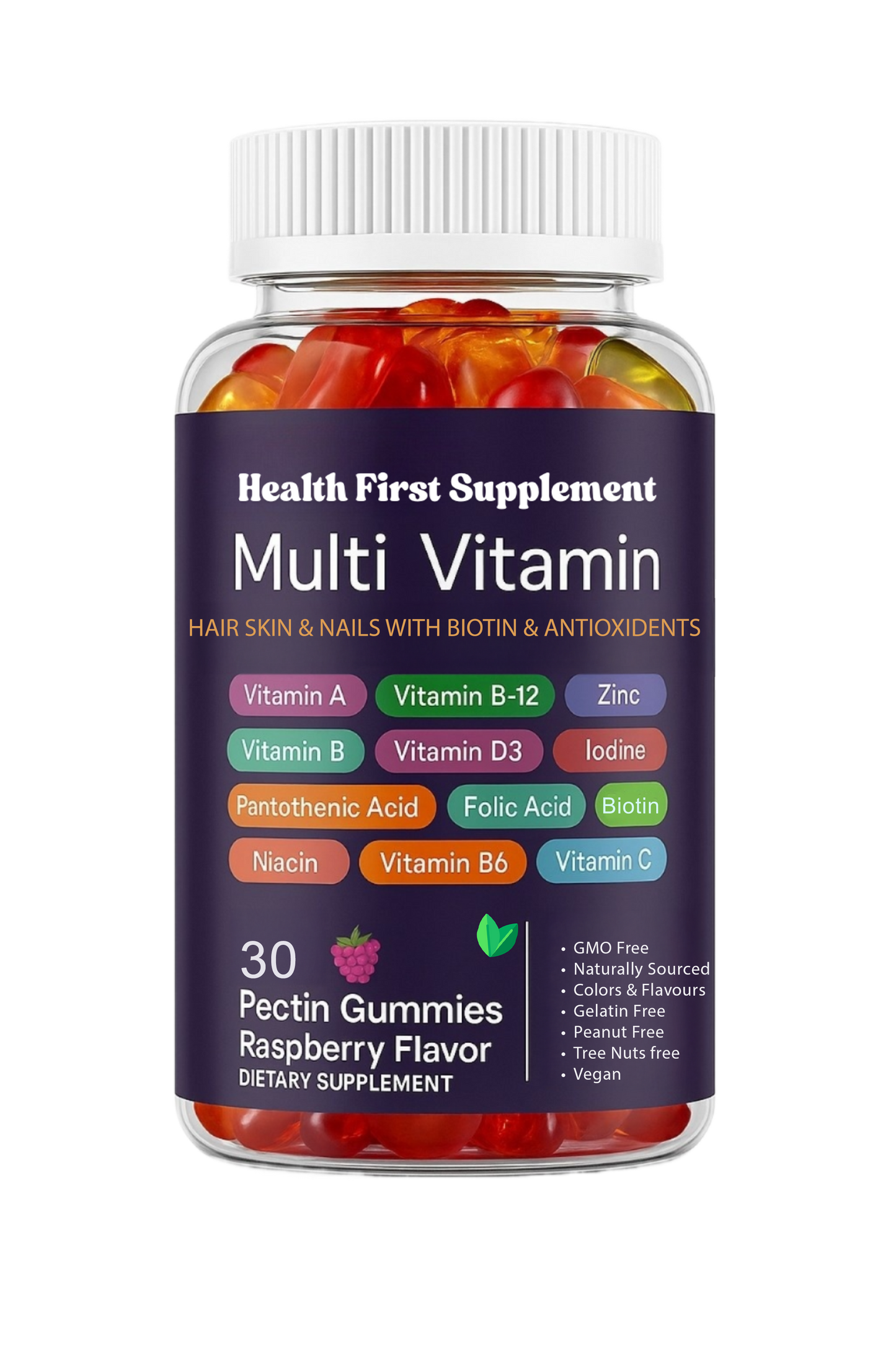 Health First Supplement PowerGummies+ Multivitamin – Raspberry flavored pectin gummies for hair, skin, nails, and overall wellness