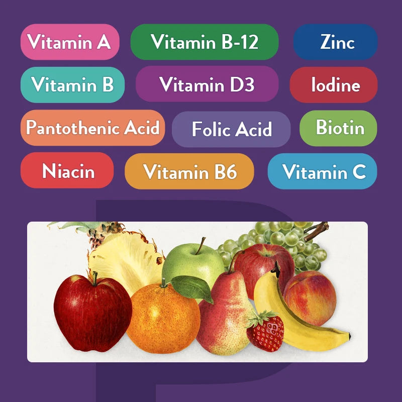 Vitamin profile and natural fruit blend in PowerGummies+ Multivitamin – with Vitamin A, B12, D3, Zinc, Biotin, and more