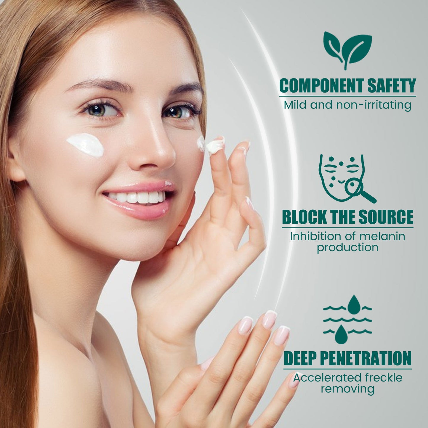 Woman applying South Moon Spot Cream with benefits including melanin inhibition, deep skin penetration, and non-irritating formula