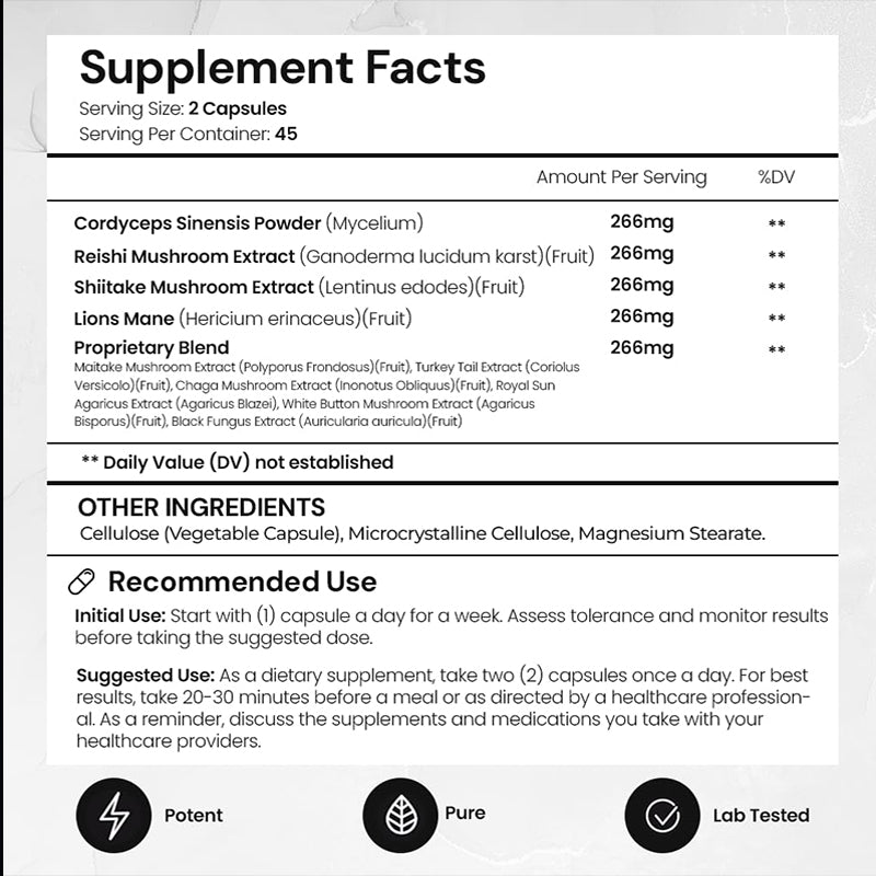 Supplement Facts panel for Mushroom 10X Complex by Health First Supplement showing a 2-capsule serving size with 266mg each of Cordyceps, Reishi, Shiitake, and Lion’s Mane, plus a proprietary mushroom blend. Includes recommended use instructions and icons for Potent, Pure, and Lab Tested.