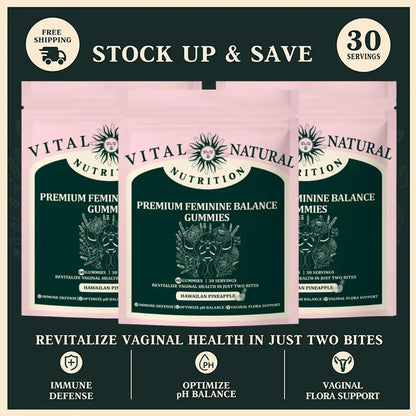 Three packs of Vital Natural Nutrition Premium Feminine Balance Gummies on a promotional banner with text about health benefits.
