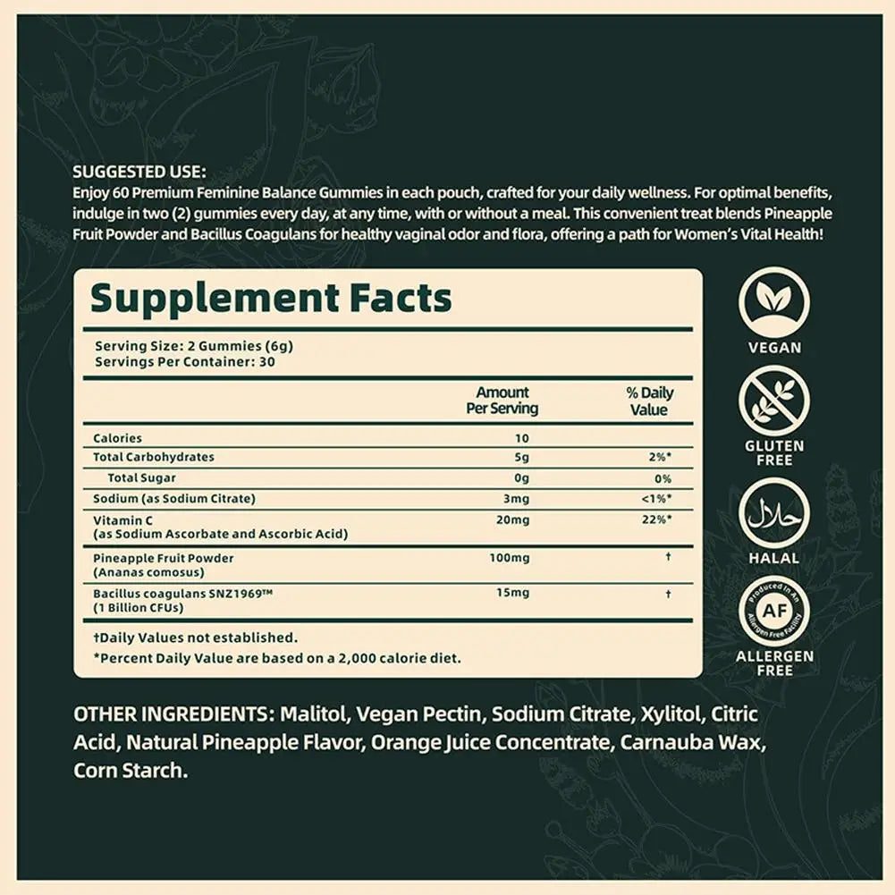 Supplement Facts and suggested use for Vital Natural Premium Feminine Balance Gummies – Vegan, Gluten-Free, Halal certified
