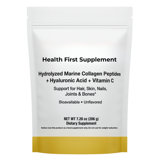 Premium pouch of Fish-Free Marine Collagen Peptides with Vitamin C and Hyaluronic Acid – clean beauty supplement for skin, hair, nails, and joints