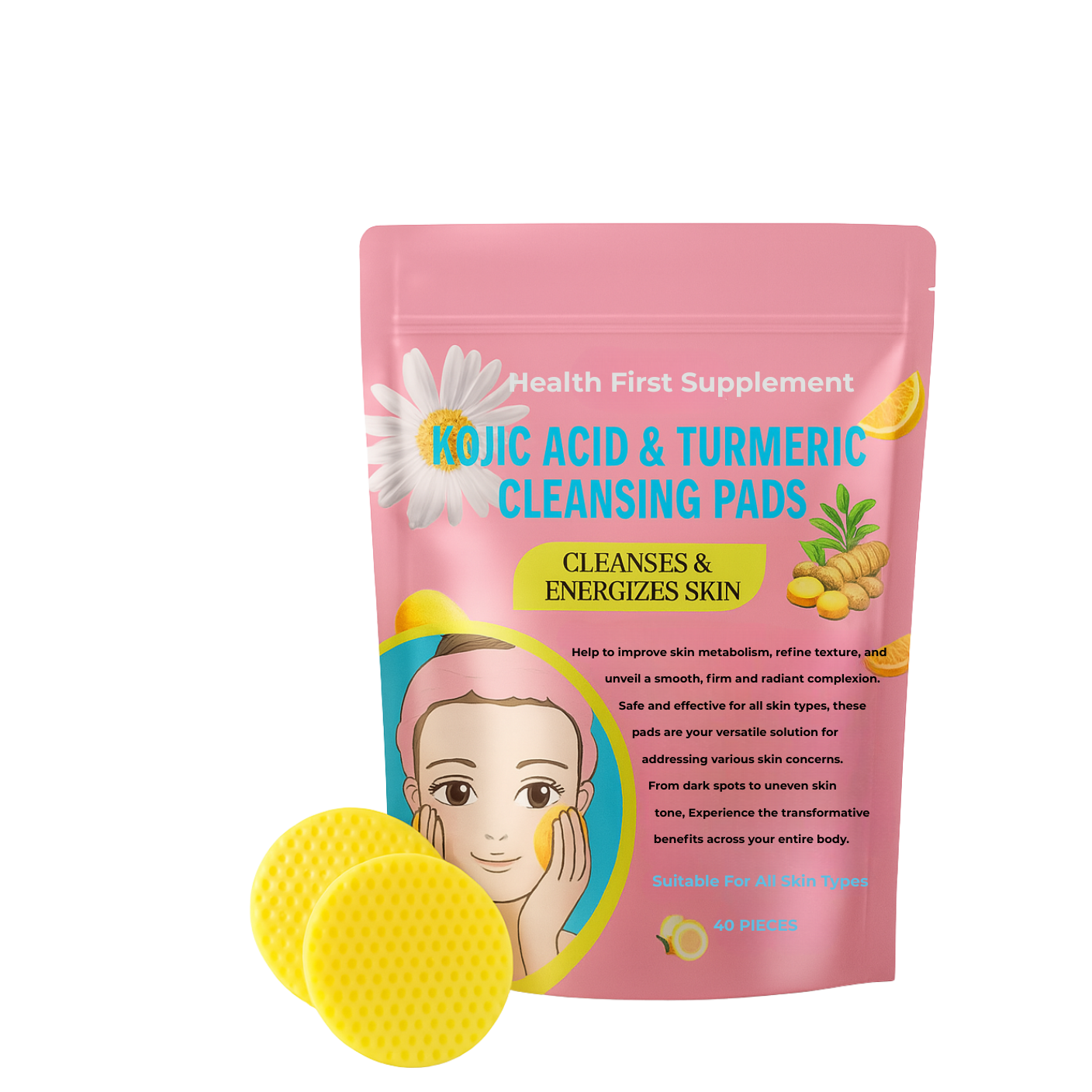 Kojic Acid and Turmeric Cleansing Pads 40pcs with brightening formula for dark spots and uneven skin tone