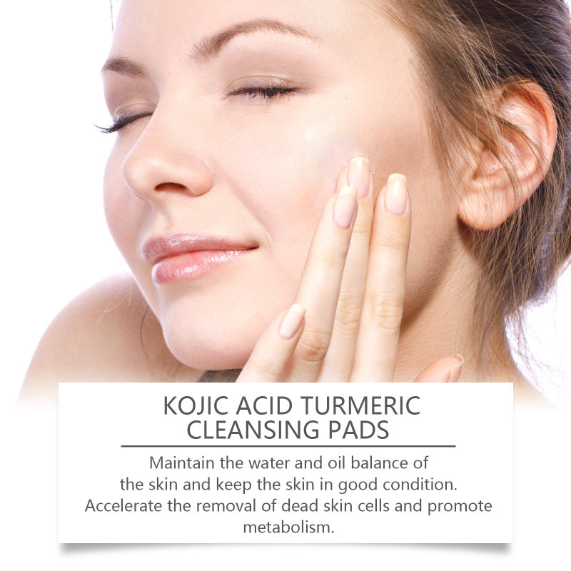 Smiling woman using yellow kojic acid turmeric pad for deep pore cleansing and brightening