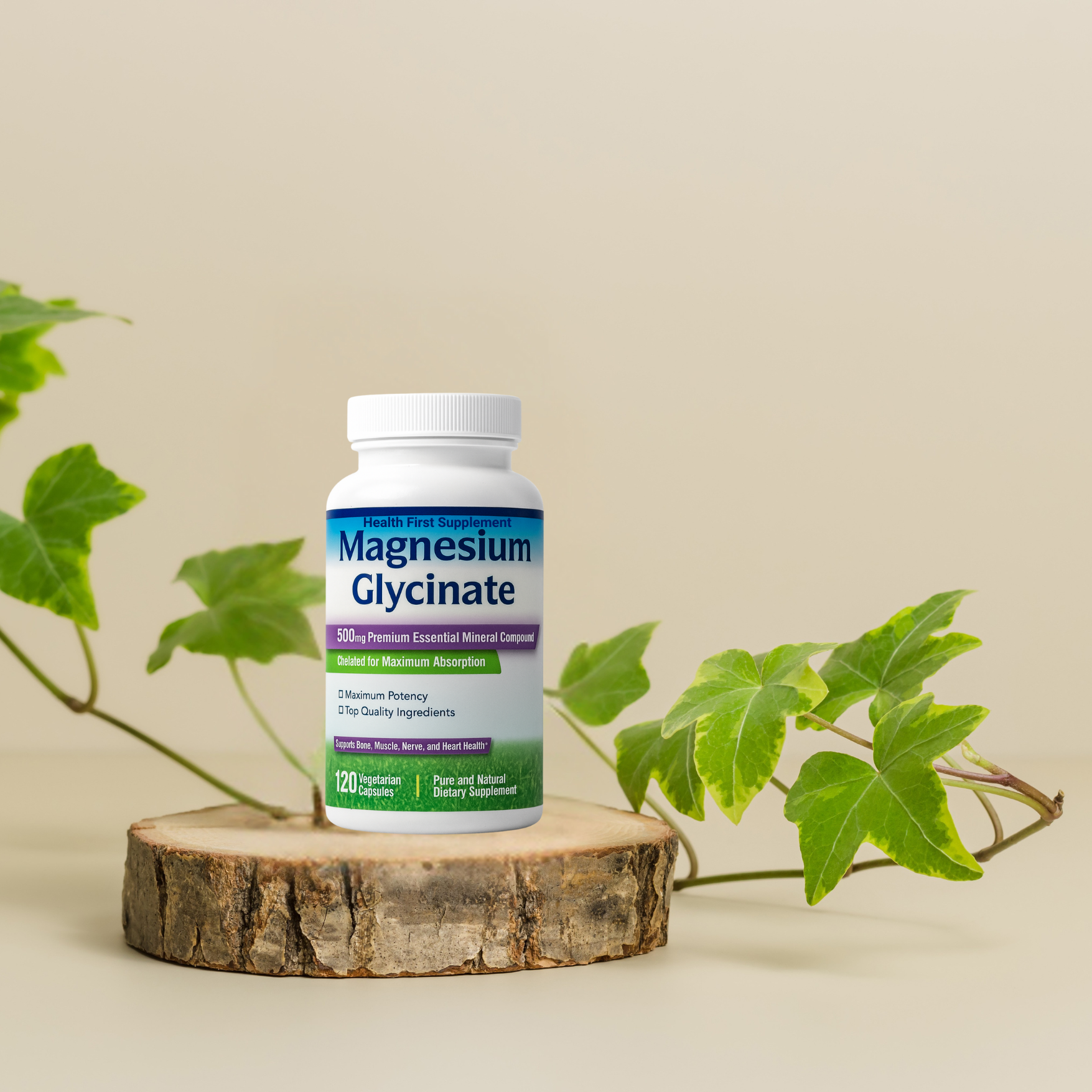 A bottle of magnesium-glycinate-500mg supplement on a wooden surface with green leaves, promoting natural-wellness.