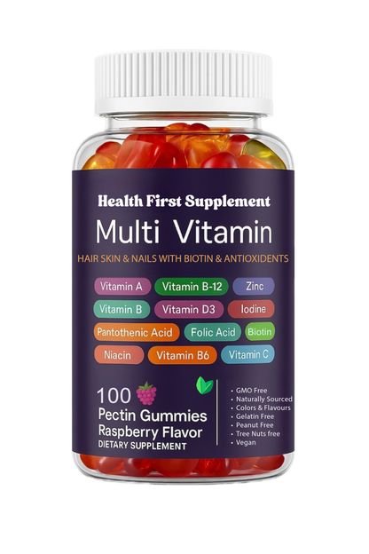 PowerGummies+ Multivitamin by Health First – 100 raspberry flavored pectin gummies with biotin and antioxidants for daily support
