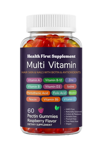 Health First PowerGummies+ Multivitamin – 60 raspberry flavor gummies with essential vitamins for hair, skin, nails, and immune health
