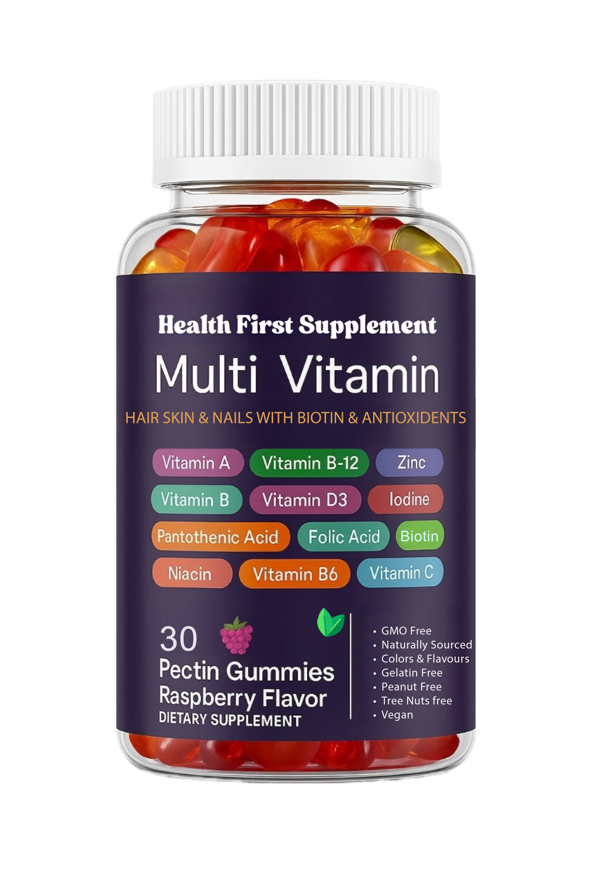 Health First Supplement PowerGummies+ Multivitamin – Raspberry flavored pectin gummies for hair, skin, nails, and overall wellness
