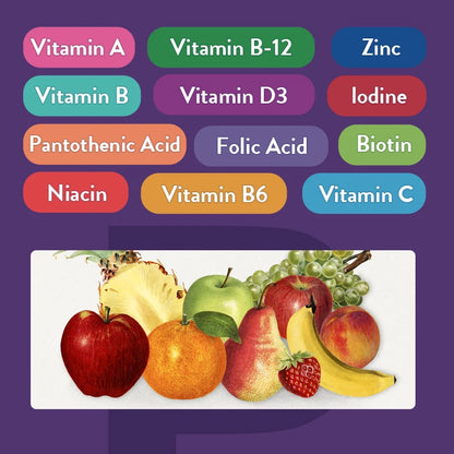 Vitamin profile and natural fruit blend in PowerGummies+ Multivitamin – with Vitamin A, B12, D3, Zinc, Biotin, and more
