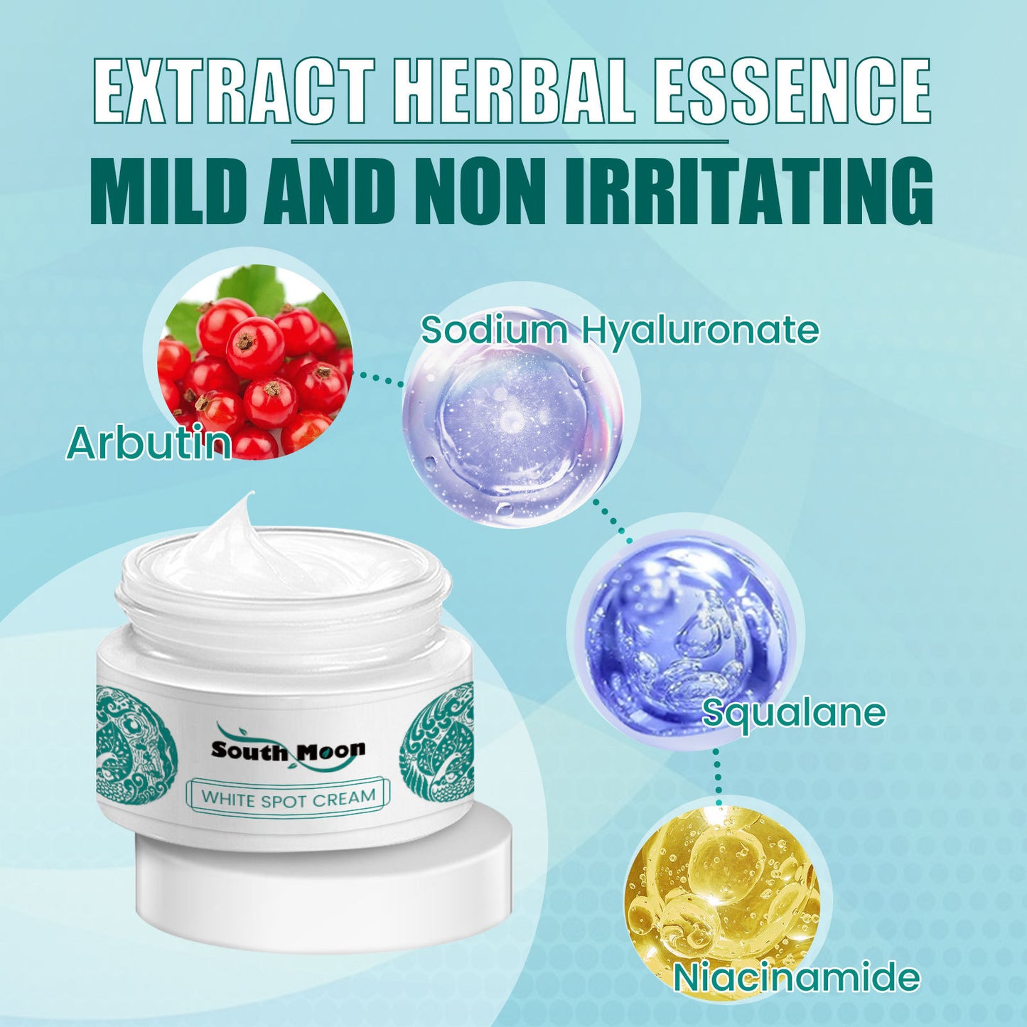 South Moon Brightening Spot Cream ingredients including arbutin, sodium hyaluronate, squalane, and niacinamide for dark spot correction and skin hydration